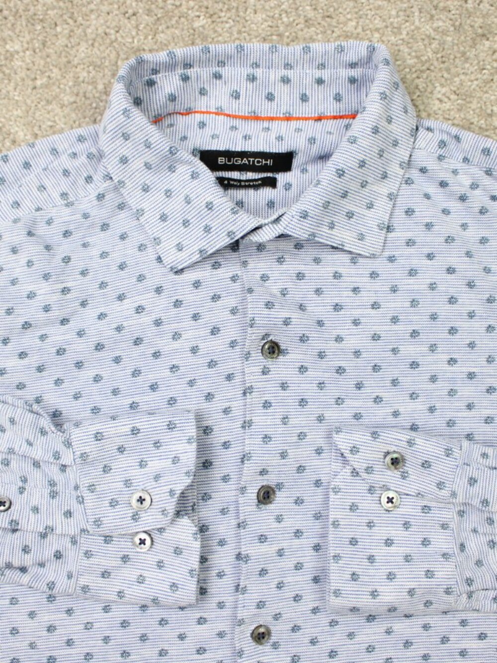Bugatchi Shirt Men Large Classic Blue Geometric 4 Way Stretch Cotton Long Sleeve